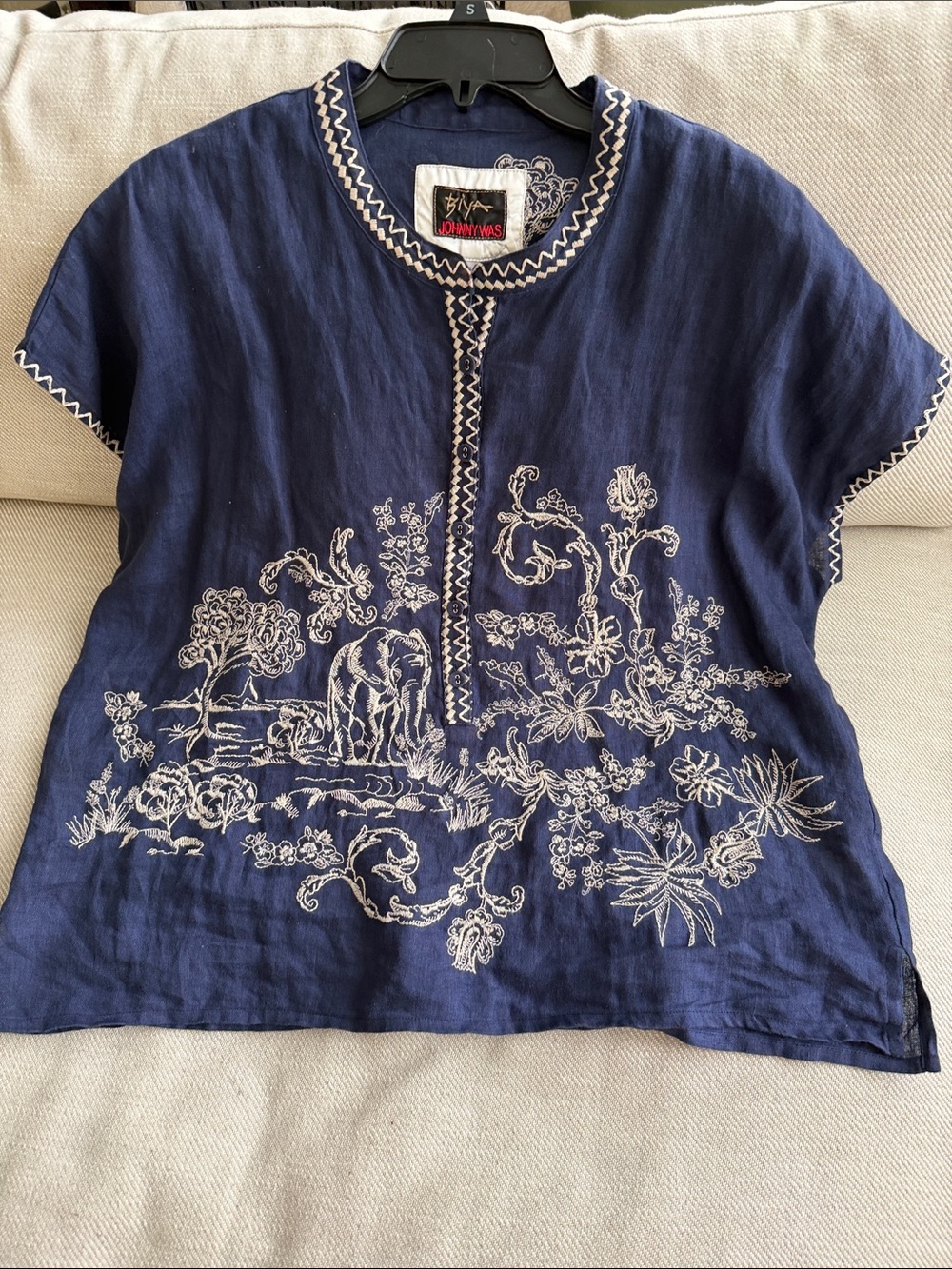 Embroidered Navy Linen Top with Ivory Floral & Elephant Motif
